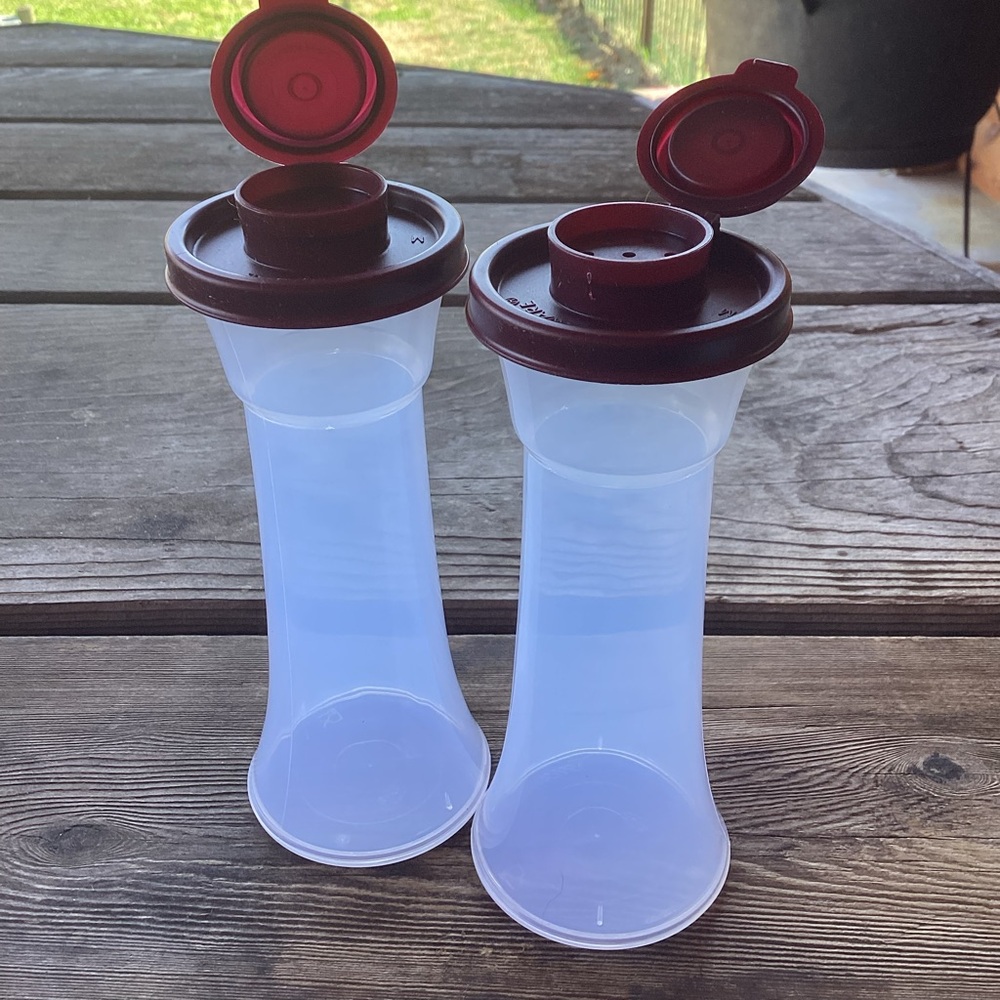 Tupperware Salt and Pepper Shakers with Merlot colored seals